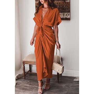 Wedding Guest Dresses Woman Office Short Sleeve Button Down Ruched Belted Long Satin Dress Orange M