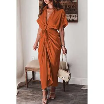 Wedding Guest Dresses Woman Office Short Sleeve Button Down Ruched Belted Long Satin Dress Orange M