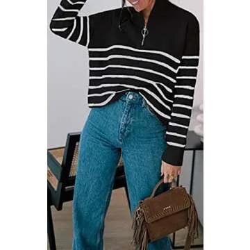 Amkoyam Winter Autumn Women’s Striped Sweaters Long Sleeves Knitted Casual Pullovers Chunky Shirt Tops (Style2-Black, Large)