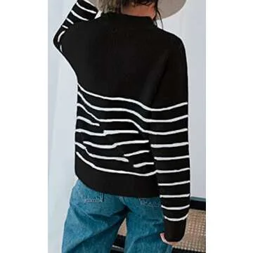 Amkoyam Winter Autumn Women’s Striped Sweaters Long Sleeves Knitted Casual Pullovers Chunky Shirt Tops (Style2-Black, Large)