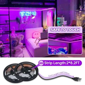 16.4FT Black Light Strip with USB Plug + Battery Box, Adhesive 300LEDs Blacklight Fixture, Battery &...
