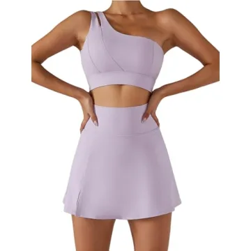 Women's Tennis Skirts One Shoulder Sport Bra Sets High Waisted Athletic Golf Skorts Skirt Cutout Med...