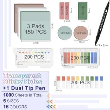 Transparent Sticky Notes, 1000 Sheets Clear Sticky Notes Pads with Pen, Waterproof Self-Stick Transl...