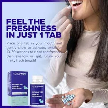 Active Wow Mouthwash Tablets - Chewable Mouth Wash, Breath Freshening Tablets, Fluoride-Free, Alcohol-Free, Vegan, Sugar-Free, Mint Flavor - 1 Pack, 60 Tablets