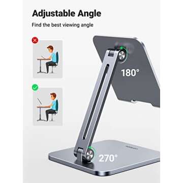 UGREEN Tablet Stand Compatible for iPad Desk Stand Holder Adjustable Aluminum Thicker Base Compatible with iPad Pro Air Mini 13 12.9 11 Inch Home Office Desk Accessories Grey