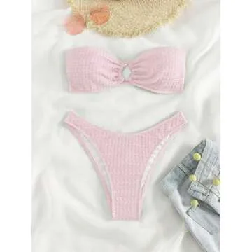 WDIRARA Women's Strapless Bandeau Smocked 2 Piece Swimsuit Floral Print O Ring Cheeky Bottom Bikini Set Bathing Suit