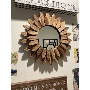 Honiway Wall Mirror Decorative 12 inch Rustic Wood Mirror Sunburst Boho Mirror for Entryway Bedroom Living Room Bathroom House Warming Gifts New Home Essential Carbonized Black