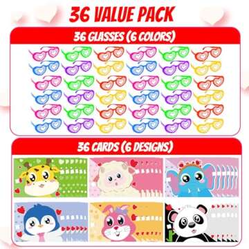 WUYEE 36 Pack Valentines Day Cards for Kids with Heart Shaped Glasses - Fun Valentine's Gifts for Pa...