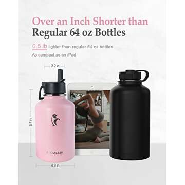 64 oz Insulated Water Bottle with Straw & Sleeve, Coolflask Half Gallon Water Jug 3 Lids Stainless Steel Metal Multifunctional Flask, Keep 48H Cold 24H Hot, Compact OOTD Yoga/Gym Bottle, Pink