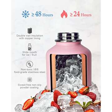 64 oz Insulated Water Bottle with Straw & Sleeve, Coolflask Half Gallon Water Jug 3 Lids Stainless Steel Metal Multifunctional Flask, Keep 48H Cold 24H Hot, Compact OOTD Yoga/Gym Bottle, Pink