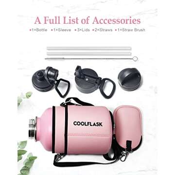 64 oz Insulated Water Bottle with Straw & Sleeve, Coolflask Half Gallon Water Jug 3 Lids Stainless Steel Metal Multifunctional Flask, Keep 48H Cold 24H Hot, Compact OOTD Yoga/Gym Bottle, Pink
