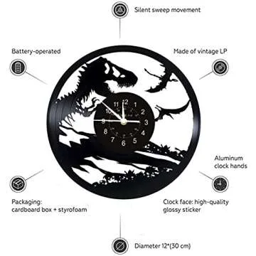 KingLive Dinosaur LED Record Wall Clock | 12'' Jurassic Park Art Vinyl Wall Clock Gift | Room Modern Home Record Vintage Decoration | Dinosaur Decor Wall for Kids Bedroom Wall Decoration