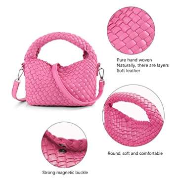 Women Woven Tote Small Crossbody Bag, Weave Quilted Purse Square Shoulder Bag Woven Handbag with Detachable Strap (Pink)