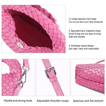 Women Woven Tote Small Crossbody Bag, Weave Quilted Purse Square Shoulder Bag Woven Handbag with Detachable Strap (Pink)