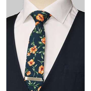 WITZROYS Men's Skinny Floral Cotton Tie & Clip Set for Weddings