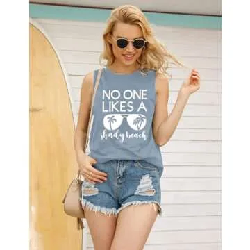 No One Likes A Shady Beach Tank Tops Women Summer Beach Tanks Sleeveless Graphic Hawaiian Vacation Shirts (Light Blue, S)