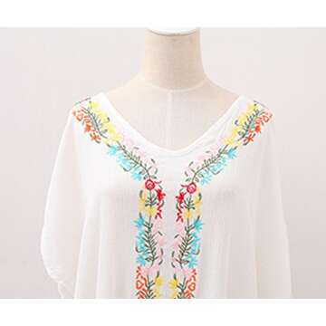 Bsubseach Women's White Embroidery V Neck Short Sleeve Rayon Swimsuit Cover Up Tunic Split Long Maxi Dress Kaftan