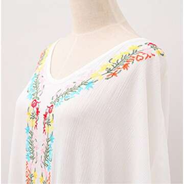 Bsubseach Women's White Embroidery V Neck Short Sleeve Rayon Swimsuit Cover Up Tunic Split Long Maxi Dress Kaftan