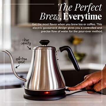 Electric Gooseneck Kettle - 1L, 120 Volt, Stainless Steel Electric Tea Kettle - Water Pot Heater/War...