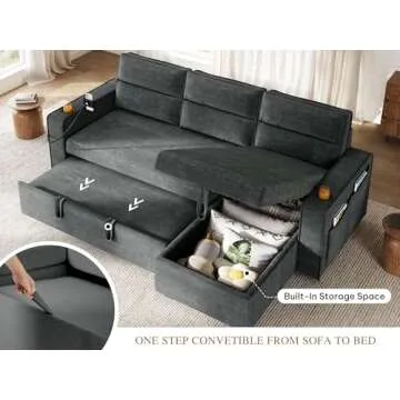 YITAHOME 85" Sleeper Sofa, Convertible Sofa Bed Couch with Pullout Bed for Living Room, L-Shaped Sectional Sofa with Cup Holder Phone Holder USB Ports, 2 Pillows and Side Pocket, Dark Grey