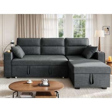 YITAHOME 85" Sleeper Sofa, Convertible Sofa Bed Couch with Pullout Bed for Living Room, L-Shaped Sectional Sofa with Cup Holder Phone Holder USB Ports, 2 Pillows and Side Pocket, Dark Grey