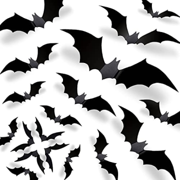 CESOF Halloween Bats Wall Decor 3D Bats Decorations - 70 Pcs 5 Sizes Matte Black PVC Reusable DIY Ba...
