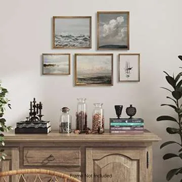 Boho Art Deco Victoria Picture Bathroom - Rustic French Country Wall Art Decor - Modern Farmhouse Kitchen Poster Print Set - Aesthetic Vintage Landscape - Sea Ocean Coastal Sail Boat Lake Cloud Cabin