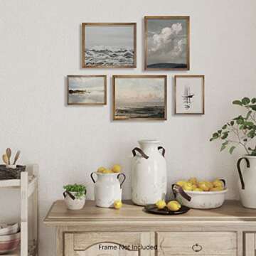 Boho Art Deco Victoria Picture Bathroom - Rustic French Country Wall Art Decor - Modern Farmhouse Kitchen Poster Print Set - Aesthetic Vintage Landscape - Sea Ocean Coastal Sail Boat Lake Cloud Cabin