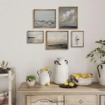 Boho Art Deco Victoria Picture Bathroom - Rustic French Country Wall Art Decor - Modern Farmhouse Kitchen Poster Print Set - Aesthetic Vintage Landscape - Sea Ocean Coastal Sail Boat Lake Cloud Cabin