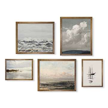 Boho Art Deco Victoria Picture Bathroom - Rustic French Country Wall Art Decor - Modern Farmhouse Kitchen Poster Print Set - Aesthetic Vintage Landscape - Sea Ocean Coastal Sail Boat Lake Cloud Cabin