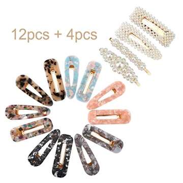 Hair Clips 16 PCS, OYRGCIK 4 PCS Pearls Hair Clips & 12 PCS Acrylic Resin Hair Barrettes Fashion Geo...