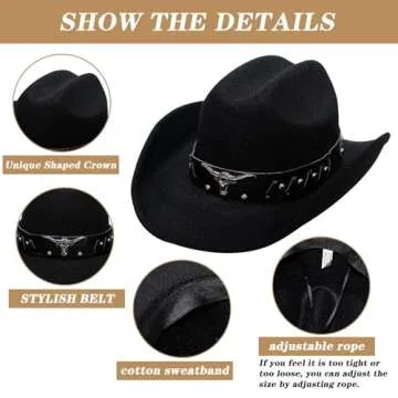 Kalerona Black Cowboy Hats for Men & Women Cowgirl Hats with Hat Band for Cattleman Western Hats