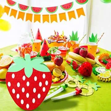 Small Piñata with Hanging Loop Jungle Safari Party Decorations Piñata for Birthday Party with Blindfold Bat Confetti for Animal Theme Supplies, 12.6 x 11.8 x 2.4 Inches (Strawberry)