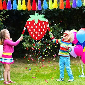Small Piñata with Hanging Loop Jungle Safari Party Decorations Piñata for Birthday Party with Blindfold Bat Confetti for Animal Theme Supplies, 12.6 x 11.8 x 2.4 Inches (Strawberry)