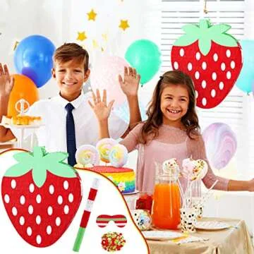 Small Piñata with Hanging Loop Jungle Safari Party Decorations Piñata for Birthday Party with Blindfold Bat Confetti for Animal Theme Supplies, 12.6 x 11.8 x 2.4 Inches (Strawberry)