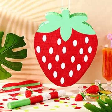 Small Piñata with Hanging Loop Jungle Safari Party Decorations Piñata for Birthday Party with Blindfold Bat Confetti for Animal Theme Supplies, 12.6 x 11.8 x 2.4 Inches (Strawberry)