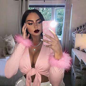 Women's Sexy Long Sleeve Tie Up Crop Top Feather Trim Deep V Neck Basic Tight Shirt Faux Fur Blouse