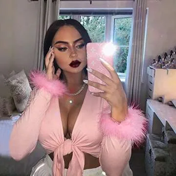 Women's Sexy Long Sleeve Tie Up Crop Top Feather Trim Deep V Neck Basic Tight Shirt Faux Fur Blouse
