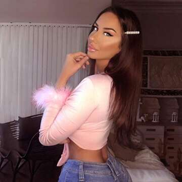 Women's Sexy Long Sleeve Tie Up Crop Top Feather Trim Deep V Neck Basic Tight Shirt Faux Fur Blouse