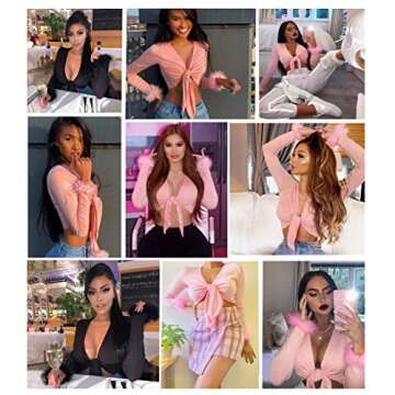 Women's Sexy Long Sleeve Tie Up Crop Top Feather Trim Deep V Neck Basic Tight Shirt Faux Fur Blouse