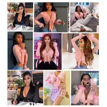 Women's Sexy Long Sleeve Tie Up Crop Top Feather Trim Deep V Neck Basic Tight Shirt Faux Fur Blouse
