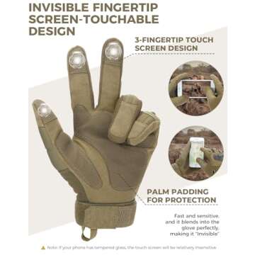 KEMIMOTO Tactical Gloves for Men, Touchscreen Motorcycle Gloves with Hard Shell & Palm Padding for Sports Motorcycle Cycling Tactical Airsoft Paintball Hunting Hiking Camping Climbing (Brown,Large)