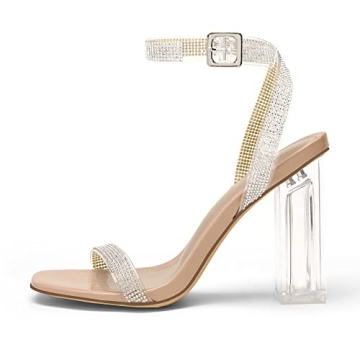 DREAM PAIRS Women's Chunky Clear High Heels Sandals, Rhinestone Ankle Strap Open Square Toe Block Heels Cute Sparkly Heels for Wedding Party SDHS2204W-NEW Nude/Clear/Rhinestone Size 5