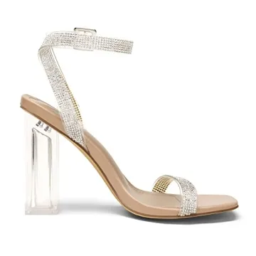 DREAM PAIRS Women's Chunky Clear High Heels Sandals, Rhinestone Ankle Strap Open Square Toe Block Heels Cute Sparkly Heels for Wedding Party SDHS2204W-NEW Nude/Clear/Rhinestone Size 5