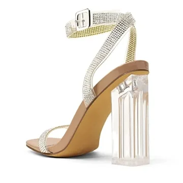 DREAM PAIRS Women's Chunky Clear High Heels Sandals, Rhinestone Ankle Strap Open Square Toe Block Heels Cute Sparkly Heels for Wedding Party SDHS2204W-NEW Nude/Clear/Rhinestone Size 5