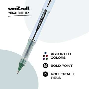 Uniball Vision Elite BLX Rollerball Pens, Assorted Pens Pack of 5, Bold Pens with 0.8mm Ink, Ink Black Pen, Pens Fine Point Smooth Writing Pens, Bulk Pens, and Office Supplies