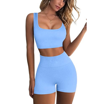 QINSEN Workout Sets for Women 2 Piece Seamless Ribbed Crop Tank High Waist Shorts Yoga Outfits (M, Light Blue)