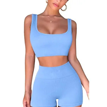 QINSEN Workout Sets for Women 2 Piece Seamless Ribbed Crop Tank High Waist Shorts Yoga Outfits (M, Light Blue)