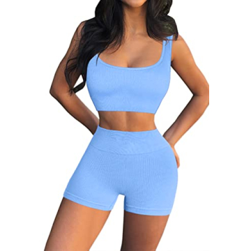 QINSEN Workout Sets for Women 2 Piece Seamless Ribbed Crop Tank High Waist Shorts Yoga Outfits (M, Light Blue)