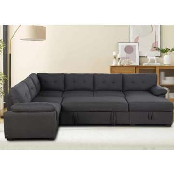 Sectional Sleeper Sofa with Pull Out Couch Bed U Shaped Sleeper Couch Bed with Storage Chaise, Fabric Modern 6 Seater Sofa Bed Sleeper, Dark Grey